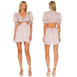For Love & Lemons Phoebe Cutout Puff Sleeve Ditsy Floral Mini Dress Blue Pink S